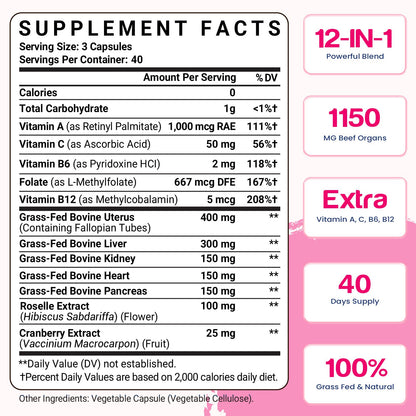 12-In-1 Beef Organ Supplement for Women - Beef Liver, Uterus, Kidney, Heart, Pancreas, 5 Vitamins & 2 Herbs, Hormone Balance, Menstruation, Energy, Immune - 100% Grass Fed, Pasture Raise - 120 Caps - Maple Wellness Supplements