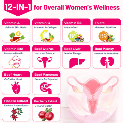 12-In-1 Beef Organ Supplement for Women - Beef Liver, Uterus, Kidney, Heart, Pancreas, 5 Vitamins & 2 Herbs, Hormone Balance, Menstruation, Energy, Immune - 100% Grass Fed, Pasture Raise - 120 Caps - Maple Wellness Supplements