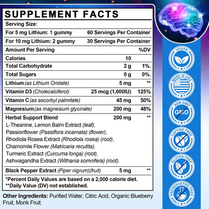 12-in-1 Lithium Orotate 5mg 10mg with Ashwagandha & L-Theanine, Lithium Orotate for Mood, Calm, Cognitive & Brain, High Bioavailability Trace Mineral, Lemon Balm - Maple Wellness Supplements