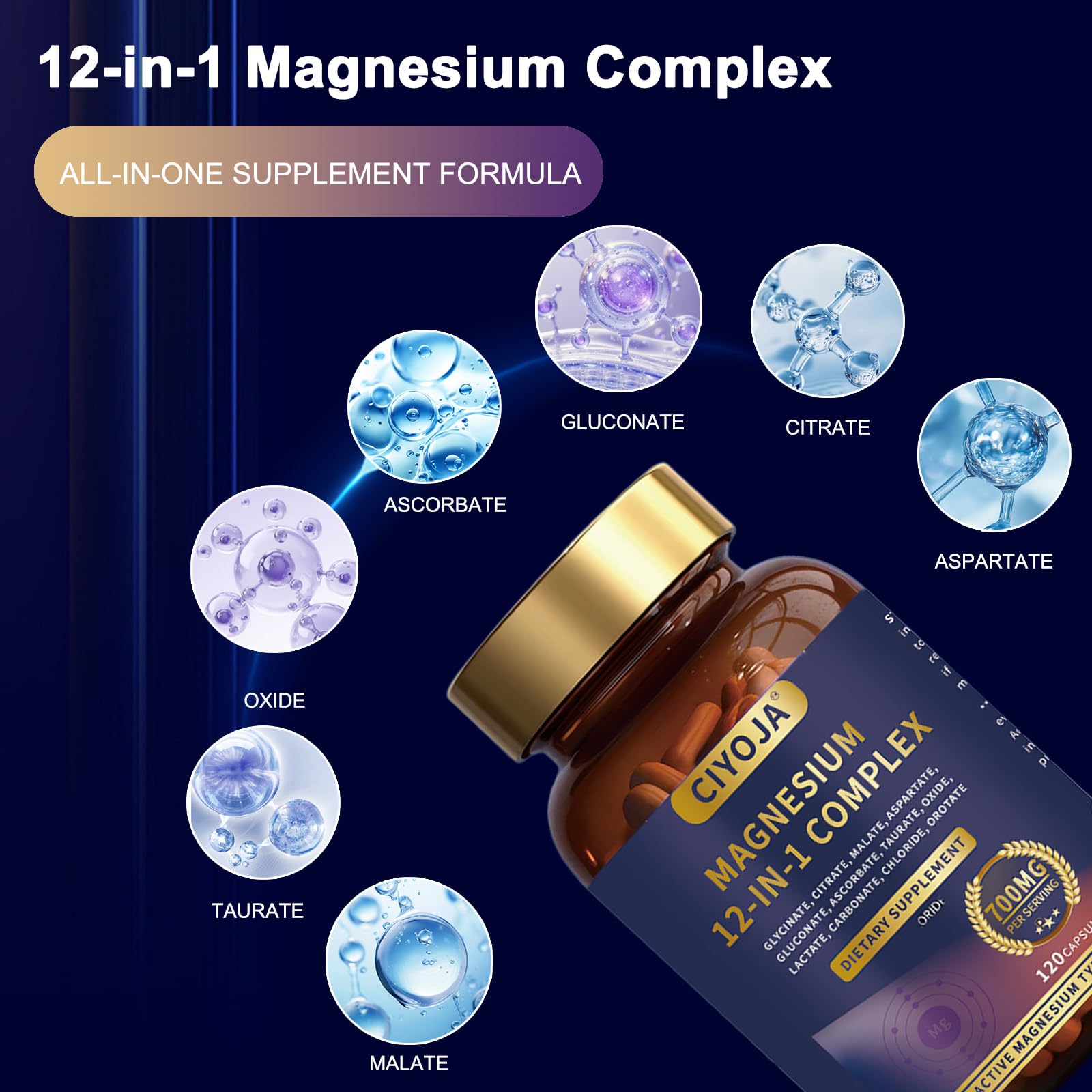 12-in-1 Magnesium Complex for Women Men: Magnesium Glycinate 700mg with Citrate, Malate Taurate Chelated Forms - High Absorption Magnesium Supplement for Relaxation Muscle Heart - 120 Vegan Capsules - Maple Wellness Supplements