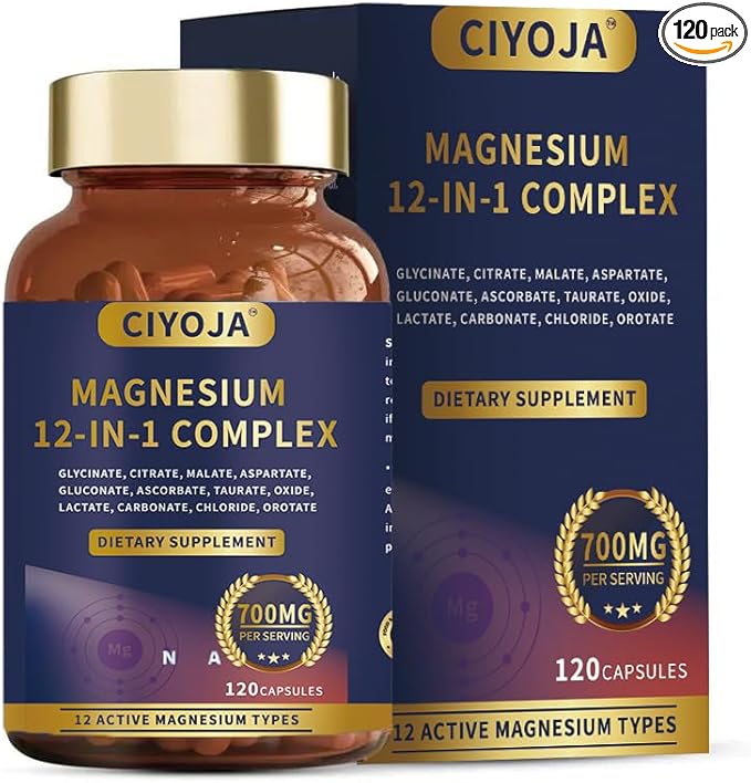 12-in-1 Magnesium Complex for Women Men: Magnesium Glycinate 700mg with Citrate, Malate Taurate Chelated Forms - High Absorption Magnesium Supplement for Relaxation Muscle Heart - 120 Vegan Capsules - Maple Wellness Supplements