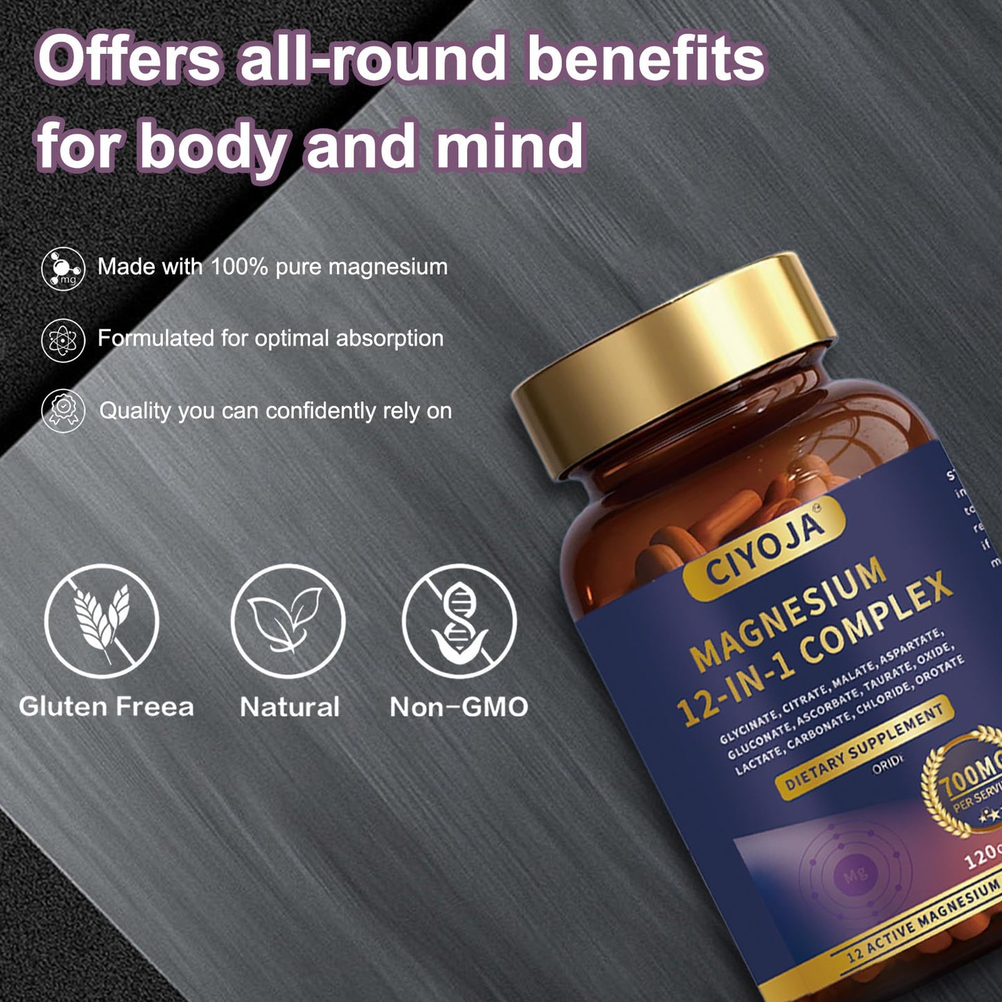 12-in-1 Magnesium Complex for Women Men: Magnesium Glycinate 700mg with Citrate, Malate Taurate Chelated Forms - High Absorption Magnesium Supplement for Relaxation Muscle Heart - 120 Vegan Capsules - Maple Wellness Supplements