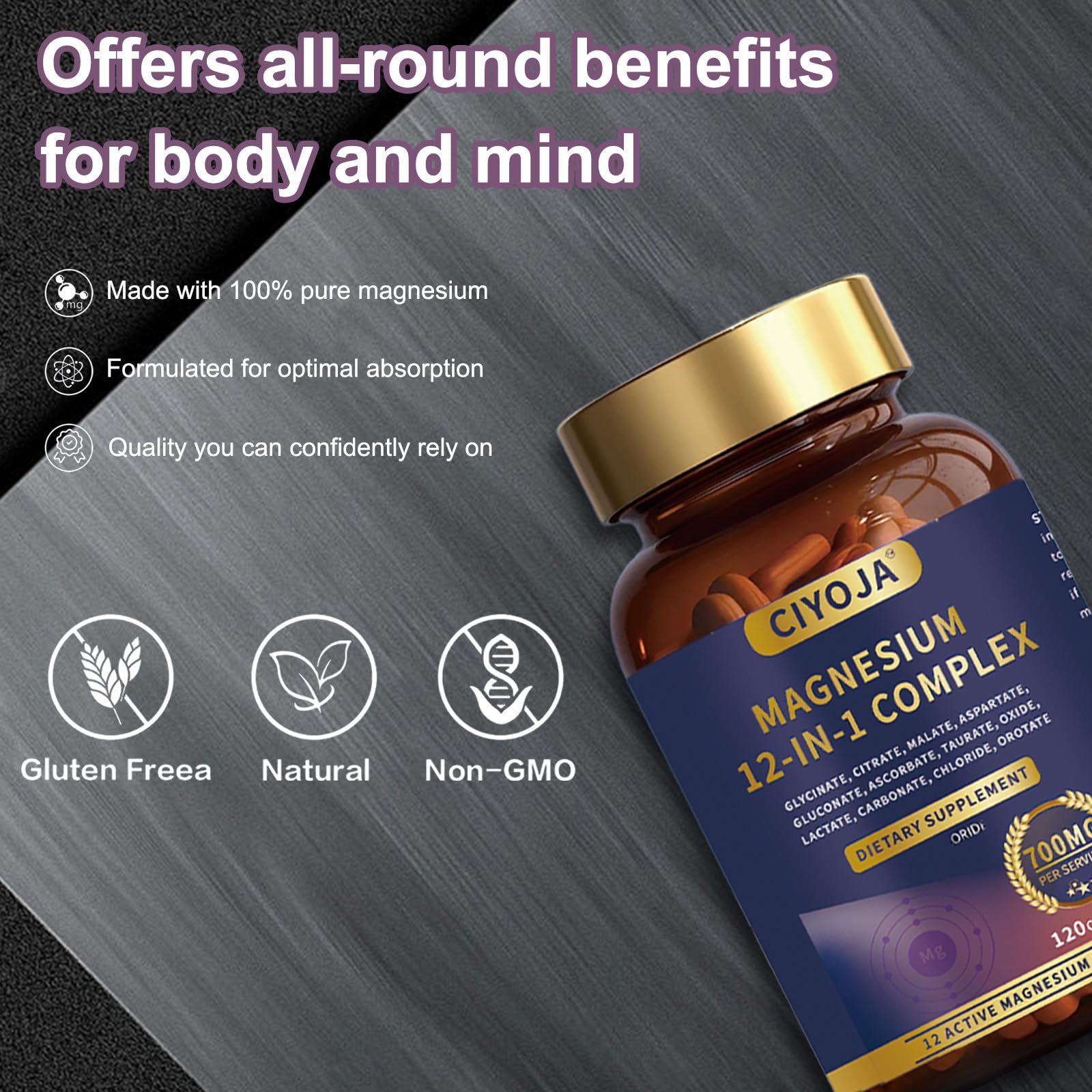 12-in-1 Magnesium Complex for Women Men: Magnesium Glycinate 700mg with Citrate, Malate Taurate Chelated Forms - High Absorption Magnesium Supplement for Relaxation Muscle Heart - 120 Vegan Capsules - Maple Wellness Supplements
