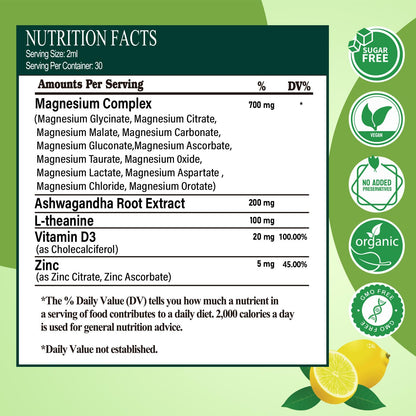 12-in-1 Magnesium Complex Liquid Drops, Chelated Magnesium Citrate Glycinate Taurate Malate Aspartate w. Ashwagandha Theanine D3 & Zinc for Relaxation Sleep Immune Health & Muscle Function丨Women Men. - Maple Wellness Supplements