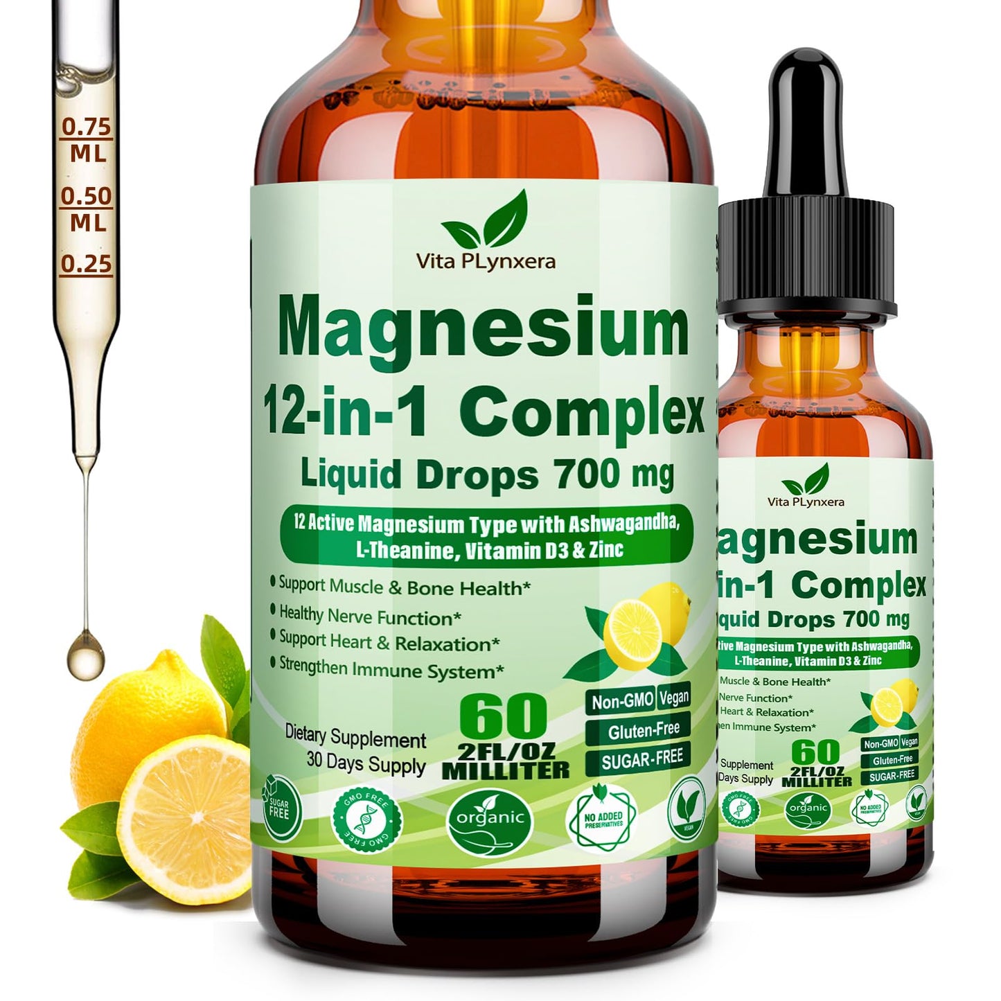 12-in-1 Magnesium Complex Liquid Drops, Chelated Magnesium Citrate Glycinate Taurate Malate Aspartate w. Ashwagandha Theanine D3 & Zinc for Relaxation Sleep Immune Health & Muscle Function丨Women Men. - Maple Wellness Supplements