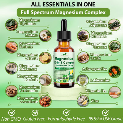 12-in-1 Magnesium Complex Liquid Drops, Chelated Magnesium Citrate Glycinate Taurate Malate Aspartate w. Ashwagandha Theanine D3 & Zinc for Relaxation Sleep Immune Health & Muscle Function丨Women Men. - Maple Wellness Supplements