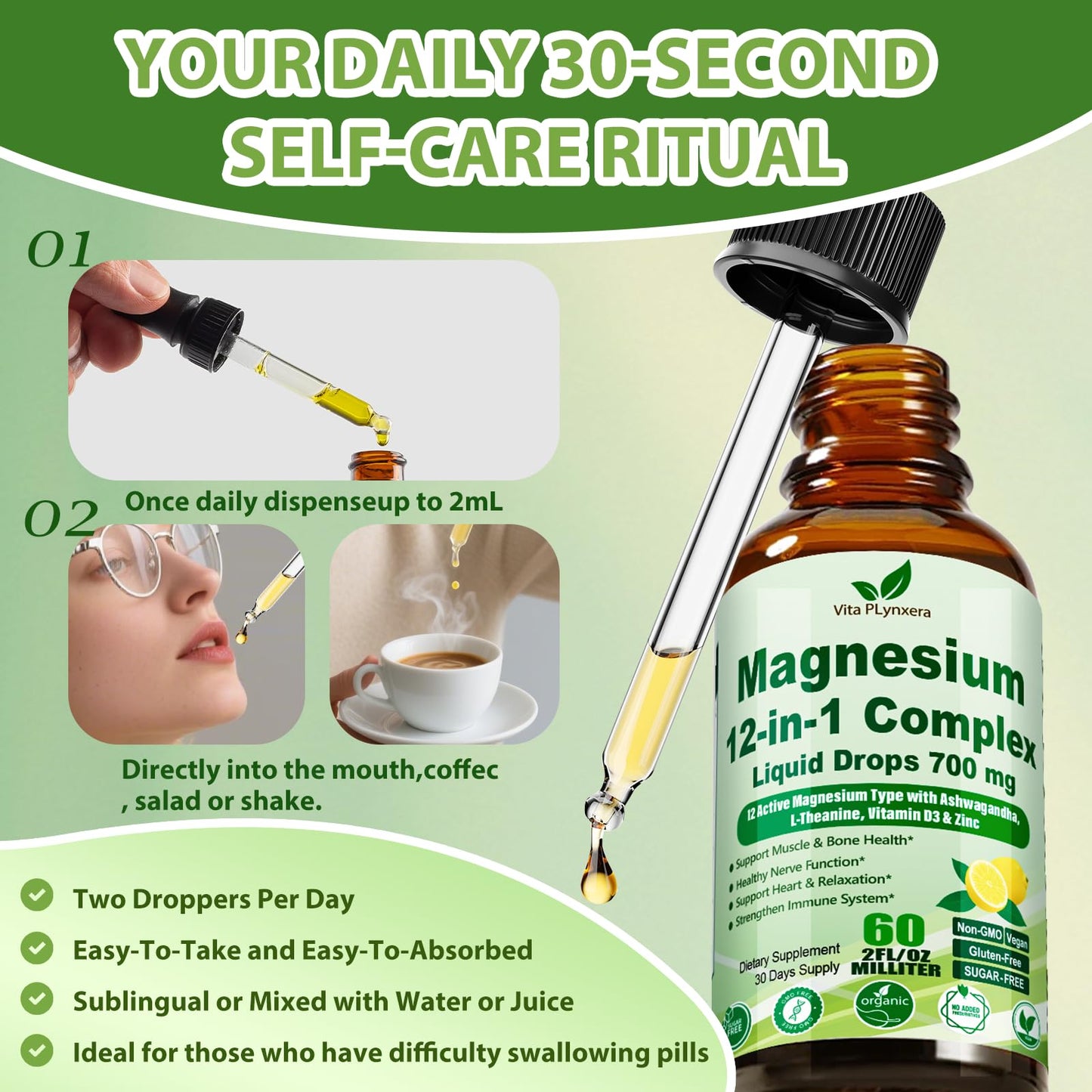 12-in-1 Magnesium Complex Liquid Drops, Chelated Magnesium Citrate Glycinate Taurate Malate Aspartate w. Ashwagandha Theanine D3 & Zinc for Relaxation Sleep Immune Health & Muscle Function丨Women Men. - Maple Wellness Supplements