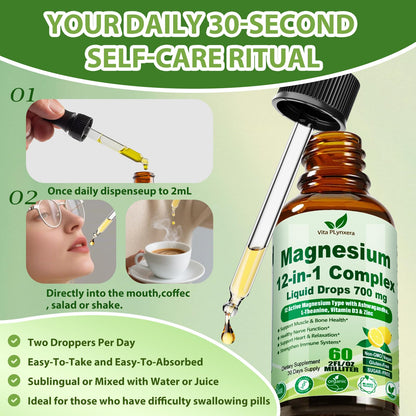 12-in-1 Magnesium Complex Liquid Drops, Chelated Magnesium Citrate Glycinate Taurate Malate Aspartate w. Ashwagandha Theanine D3 & Zinc for Relaxation Sleep Immune Health & Muscle Function丨Women Men. - Maple Wellness Supplements