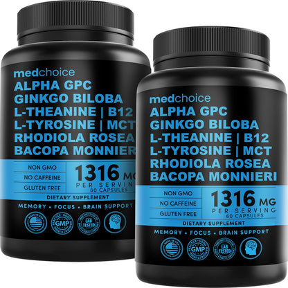 12-in-1 Nootropic Brain Supplement Anhydrous: Ginkgo Biloba for Brain Support, Memory and Focus - B12, Alpha GPC, L Theanine and Choline Supplements with Bioperine non Caffeinated 1321mg (120ct) - Maple Wellness Supplements
