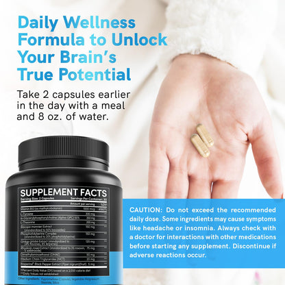 12-in-1 Nootropic Brain Supplement Anhydrous: Ginkgo Biloba for Brain Support, Memory and Focus - B12, Alpha GPC, L Theanine and Choline Supplements with Bioperine Non Caffeinated 1321mg (60ct) - Maple Wellness Supplements