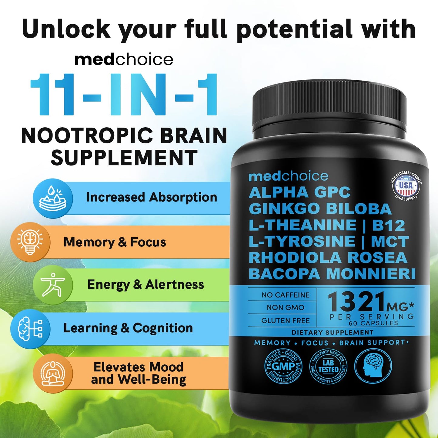 12-in-1 Nootropic Brain Supplement Anhydrous: Ginkgo Biloba for Brain Support, Memory and Focus - B12, Alpha GPC, L Theanine and Choline Supplements with Bioperine Non Caffeinated 1321mg (60ct) - Maple Wellness Supplements