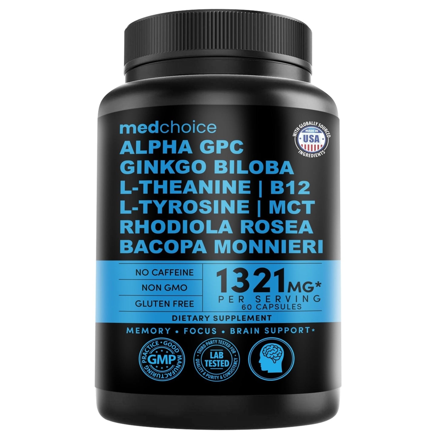 12-in-1 Nootropic Brain Supplement Anhydrous: Ginkgo Biloba for Brain Support, Memory and Focus - B12, Alpha GPC, L Theanine and Choline Supplements with Bioperine Non Caffeinated 1321mg (60ct) - Maple Wellness Supplements
