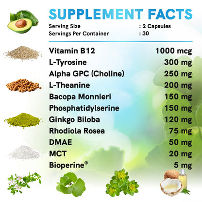 12-in-1 Nootropic Brain Supplement Anhydrous: Ginkgo Biloba for Brain Support, Memory and Focus - B12, Alpha GPC, L Theanine and Choline Supplements with Bioperine non Caffeinated 1321mg (120ct) - Maple Wellness Supplements