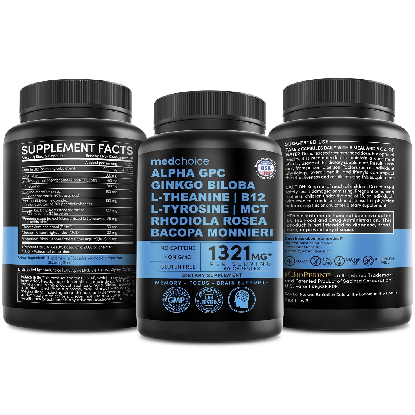 12-in-1 Nootropic Brain Supplement Anhydrous: Ginkgo Biloba for Brain Support, Memory and Focus - B12, Alpha GPC, L Theanine and Choline Supplements with Bioperine non Caffeinated 1321mg (120ct) - Maple Wellness Supplements