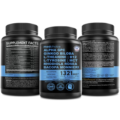 12-in-1 Nootropic Brain Supplement Anhydrous: Ginkgo Biloba for Brain Support, Memory and Focus - B12, Alpha GPC, L Theanine and Choline Supplements with Bioperine non Caffeinated 1321mg (120ct) - Maple Wellness Supplements