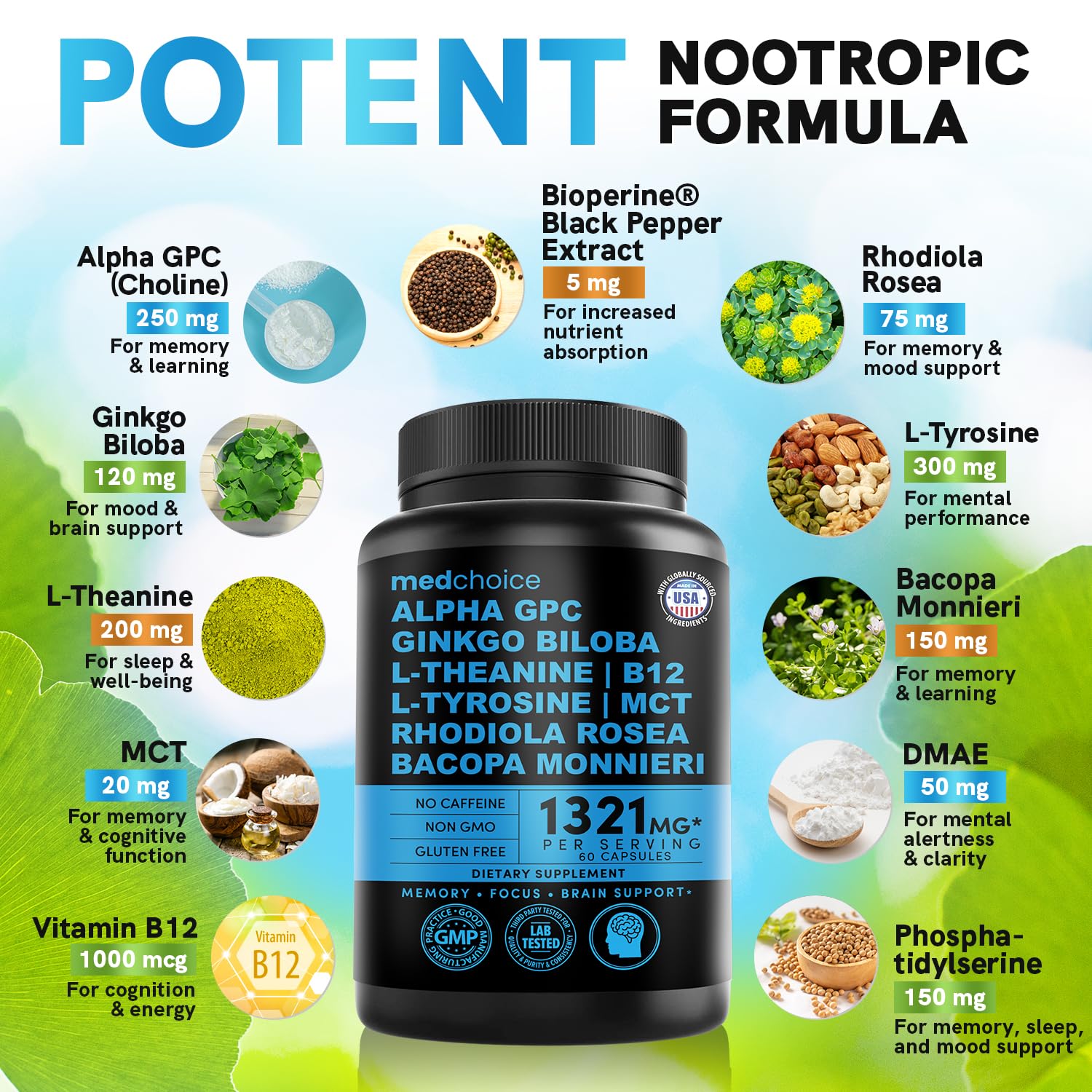 12-in-1 Nootropic Brain Supplement Anhydrous: Ginkgo Biloba for Brain Support, Memory and Focus - B12, Alpha GPC, L Theanine and Choline Supplements with Bioperine Non Caffeinated 1321mg (60ct) - Maple Wellness Supplements