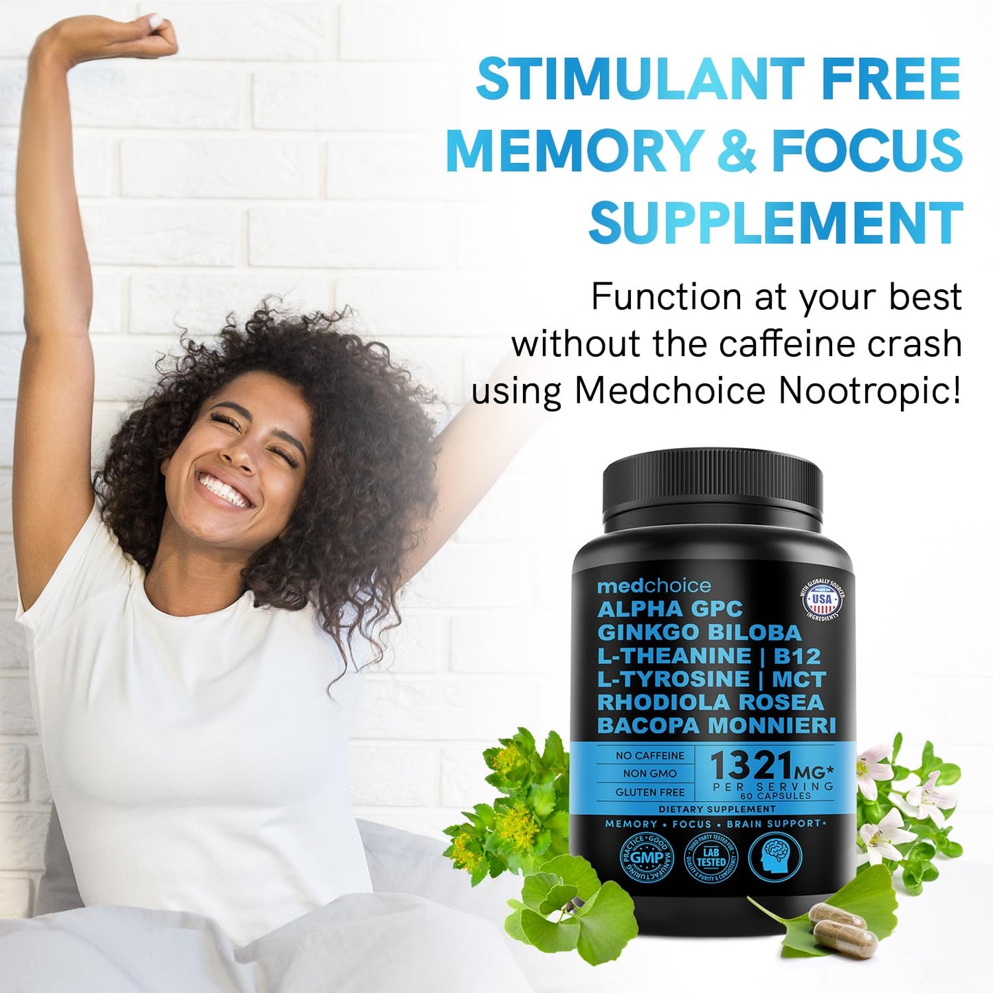 12-in-1 Nootropic Brain Supplement Anhydrous: Ginkgo Biloba for Brain Support, Memory and Focus - B12, Alpha GPC, L Theanine and Choline Supplements with Bioperine Non Caffeinated 1321mg (60ct) - Maple Wellness Supplements