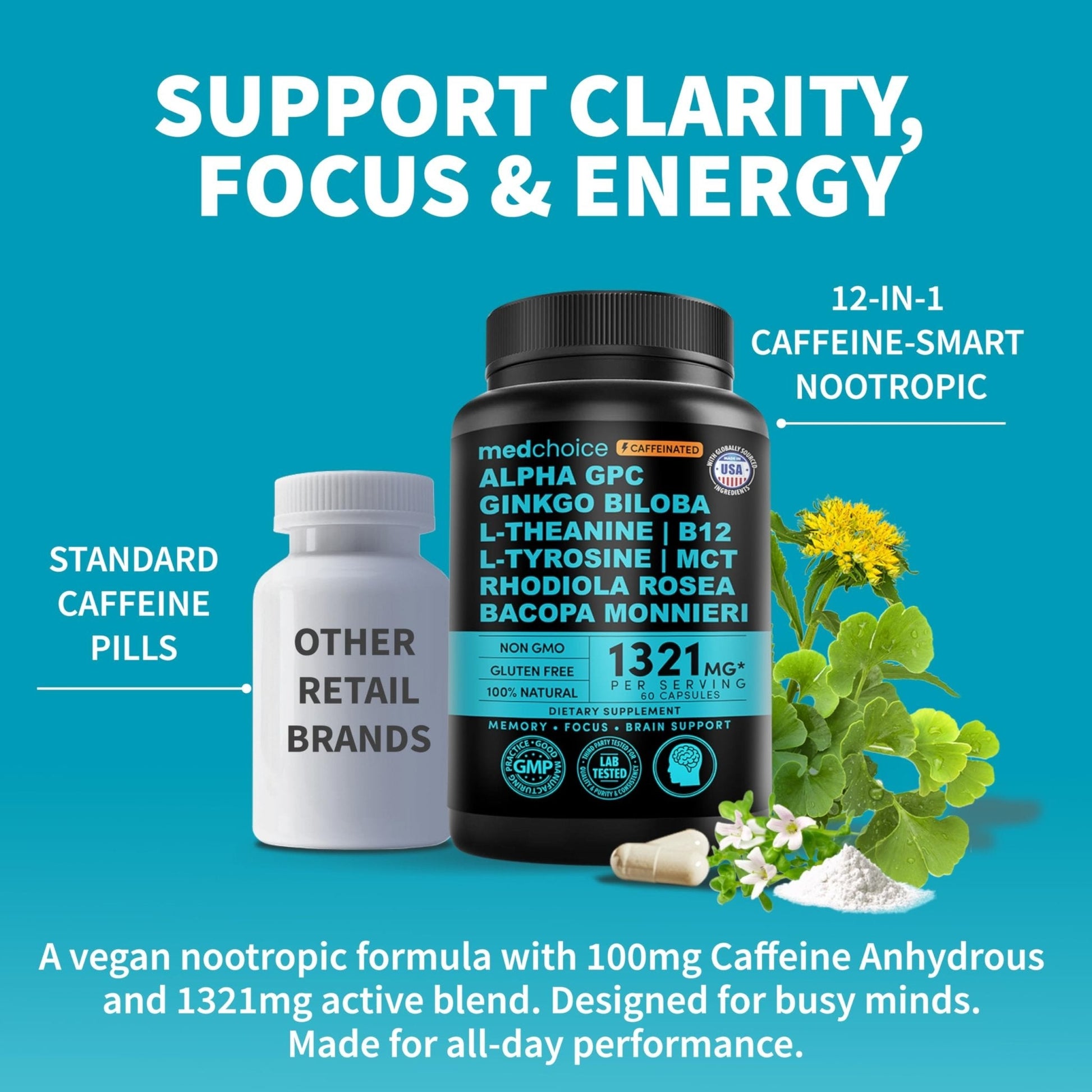 12-in-1 Nootropic Brain Supplement with Caffeine Anhydrous: Ginkgo Biloba for Brain Support, Memory and Focus - B12, Alpha GPC, L Theanine and Choline Supplements with Bioperine with 1321mg (60ct) - Maple Wellness Supplements