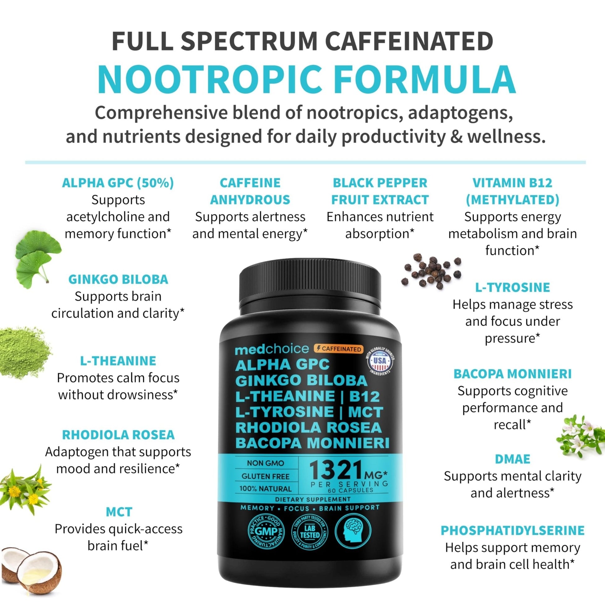 12-in-1 Nootropic Brain Supplement with Caffeine Anhydrous: Ginkgo Biloba for Brain Support, Memory and Focus - B12, Alpha GPC, L Theanine and Choline Supplements with Bioperine with 1321mg (60ct) - Maple Wellness Supplements