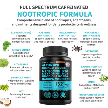 12-in-1 Nootropic Brain Supplement with Caffeine Anhydrous: Ginkgo Biloba for Brain Support, Memory and Focus - B12, Alpha GPC, L Theanine and Choline Supplements with Bioperine with 1321mg (60ct) - Maple Wellness Supplements