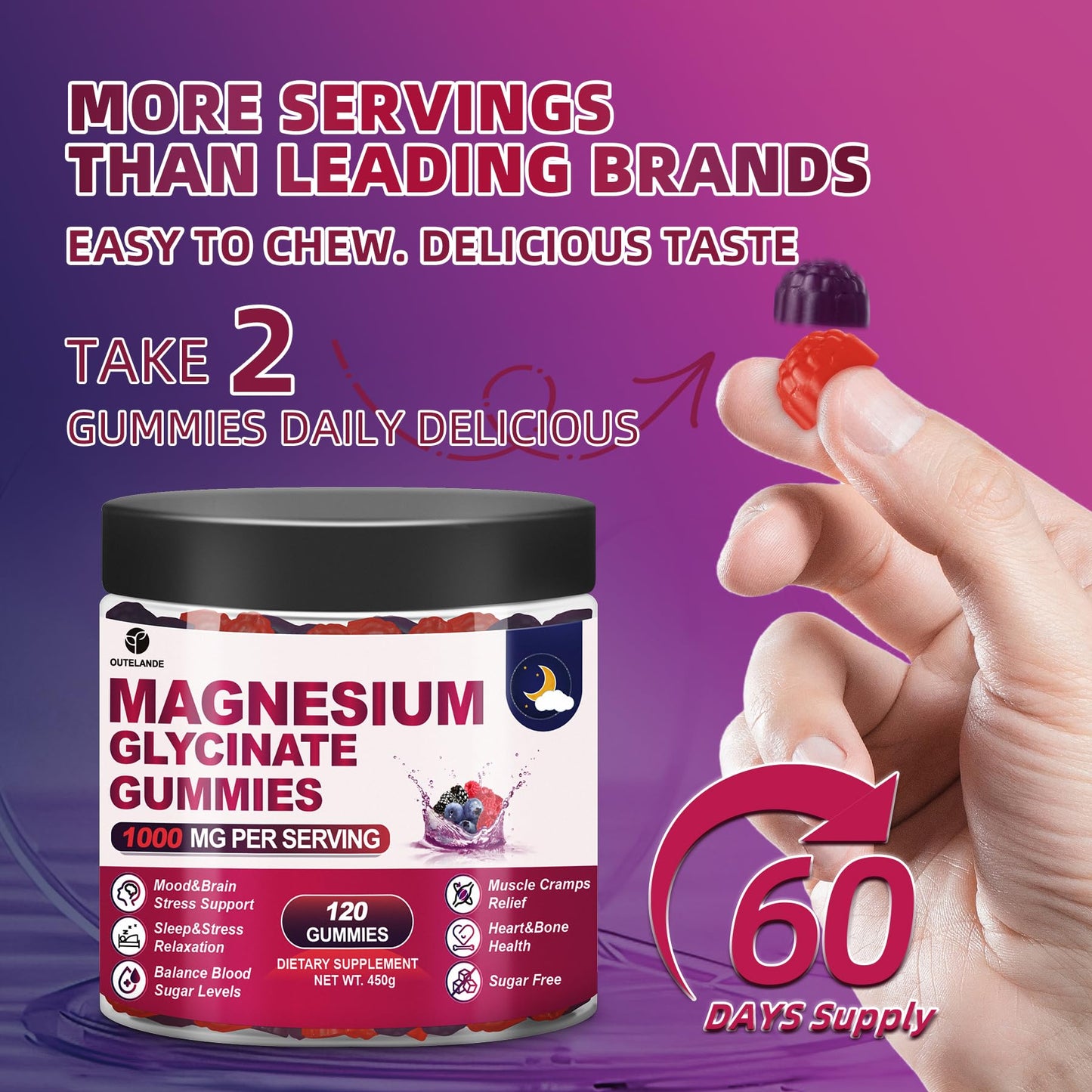 120 CT Magnesium Glycinate Gummies 1000 mg for Women and Men, Magnesium Malate & Taurate Supplements for Sleep, Body Support and Relaxation, Sugar Free - Maple Wellness Supplements
