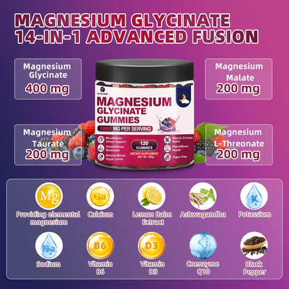 120 CT Magnesium Glycinate Gummies 1000 mg for Women and Men, Magnesium Malate & Taurate Supplements for Sleep, Body Support and Relaxation, Sugar Free - Maple Wellness Supplements