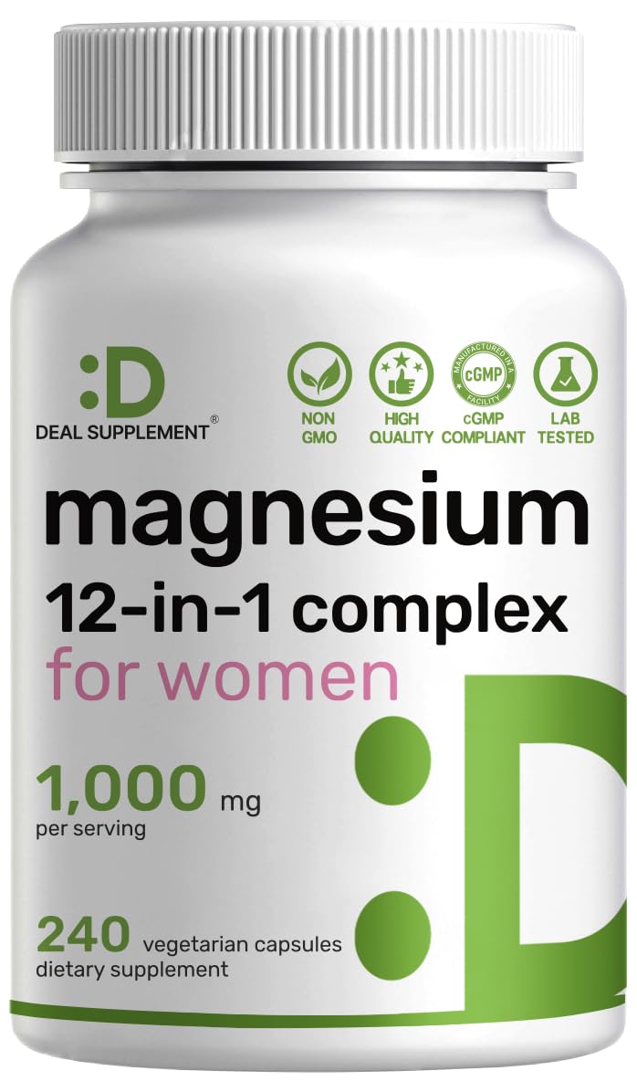 12‑in‑1 Magnesium Complex for Women 1,000 mg, 240 Vegetarian Capsules | Magnesium Glycinate, Citrate, Malate, Taurate, Orotate, Oxide & More | Chelated & Purified for Better Absorption - Maple Wellness Supplements