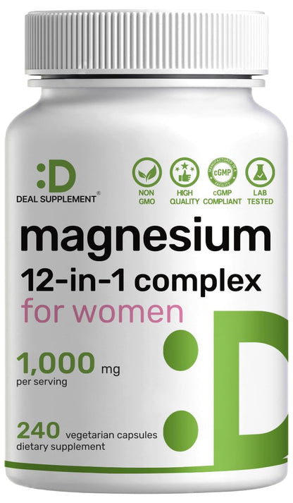 12‑in‑1 Magnesium Complex for Women 1,000 mg, 240 Vegetarian Capsules | Magnesium Glycinate, Citrate, Malate, Taurate, Orotate, Oxide & More | Chelated & Purified for Better Absorption - Maple Wellness Supplements