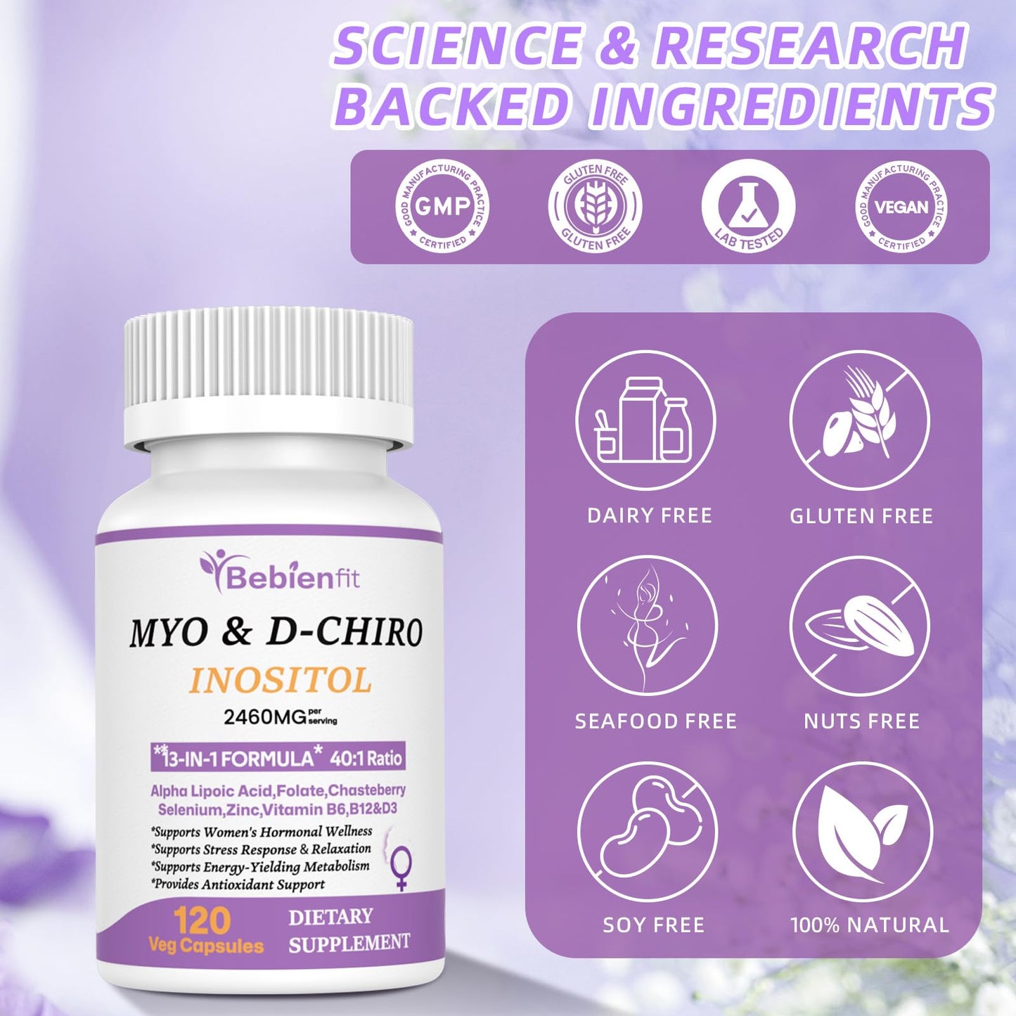 13-in-1 Myo Inositol & D-Chiro Inositol for Women PCOS,Hormonal Balance,2460mg-40:1 Ratio,Ovarian Health&Cycle Support Supplement Plus Alpha Lipoic Acid/Folate/Vitex/Magnesium/Multivitamin,120 Veg Cap - Maple Wellness Supplements