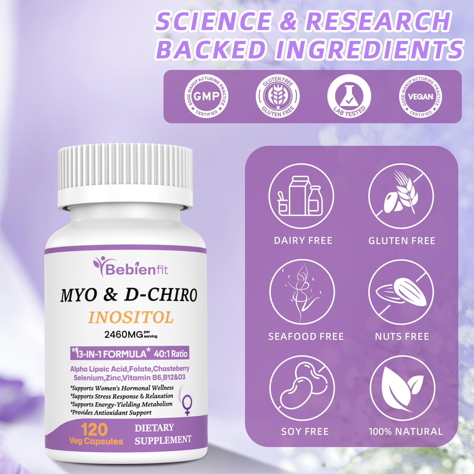 13-in-1 Myo Inositol & D-Chiro Inositol for Women PCOS,Hormonal Balance,2460mg-40:1 Ratio,Ovarian Health&Cycle Support Supplement Plus Alpha Lipoic Acid/Folate/Vitex/Magnesium/Multivitamin,120 Veg Cap - Maple Wellness Supplements