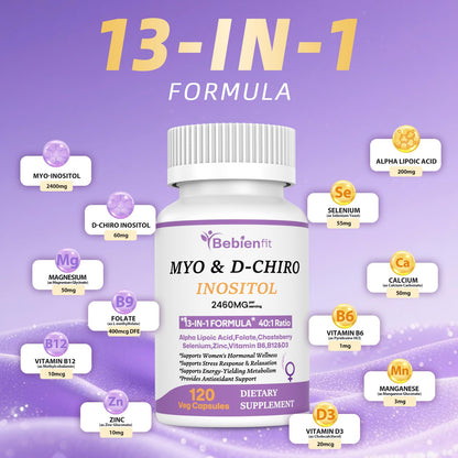 13-in-1 Myo Inositol & D-Chiro Inositol for Women PCOS,Hormonal Balance,2460mg-40:1 Ratio,Ovarian Health&Cycle Support Supplement Plus Alpha Lipoic Acid/Folate/Vitex/Magnesium/Multivitamin,120 Veg Cap - Maple Wellness Supplements