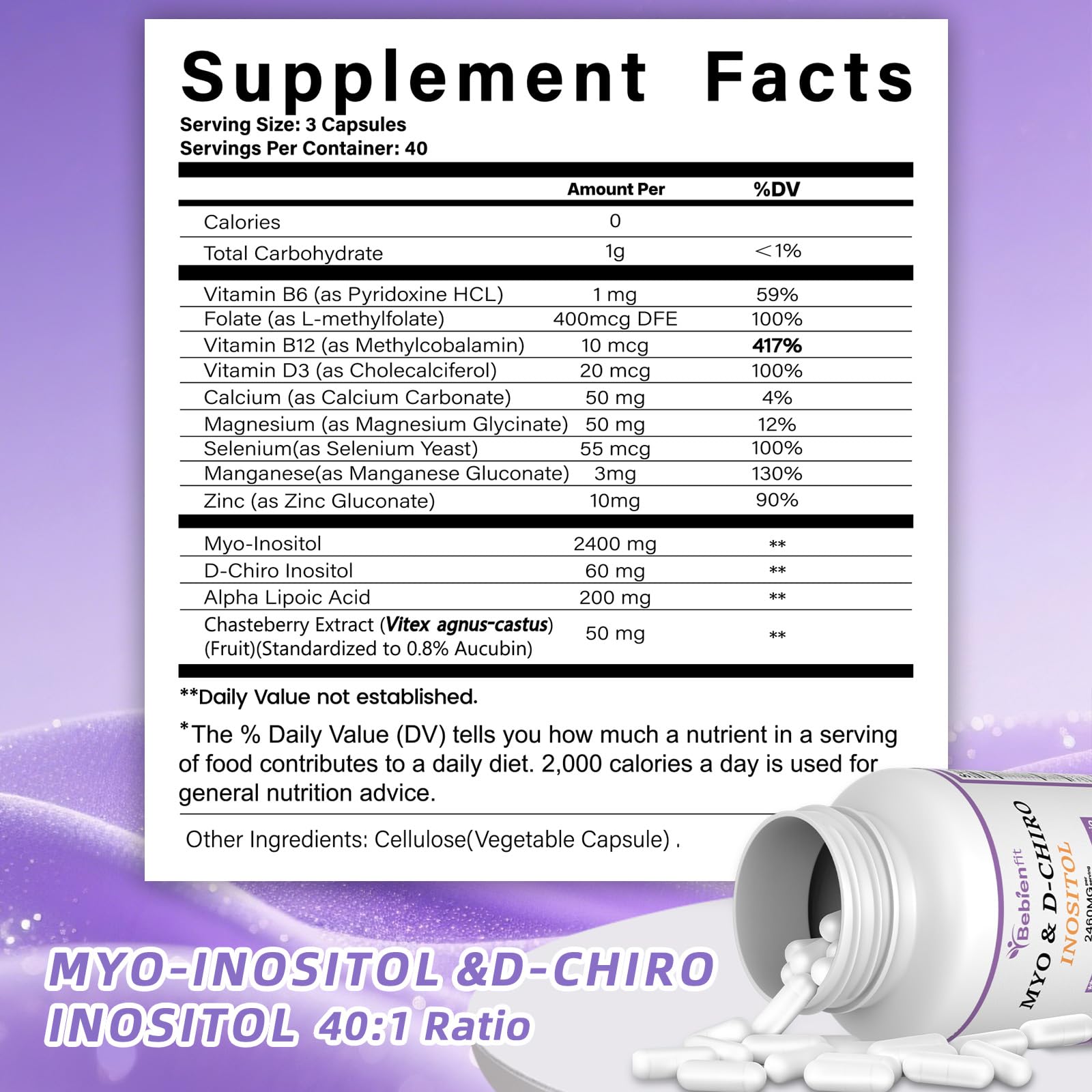 13-in-1 Myo Inositol & D-Chiro Inositol for Women PCOS,Hormonal Balance,2460mg-40:1 Ratio,Ovarian Health&Cycle Support Supplement Plus Alpha Lipoic Acid/Folate/Vitex/Magnesium/Multivitamin,120 Veg Cap - Maple Wellness Supplements