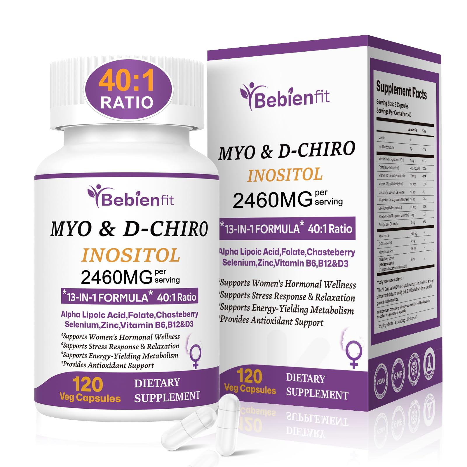 13-in-1 Myo Inositol & D-Chiro Inositol for Women PCOS,Hormonal Balance,2460mg-40:1 Ratio,Ovarian Health&Cycle Support Supplement Plus Alpha Lipoic Acid/Folate/Vitex/Magnesium/Multivitamin,120 Veg Cap - Maple Wellness Supplements