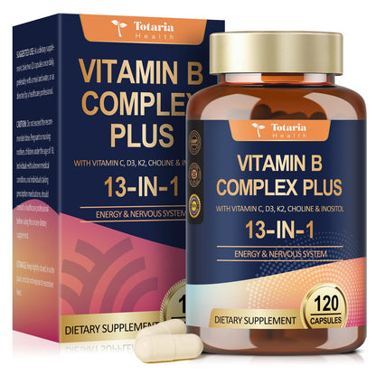 13-in-1 Vitamin B Complex Plus with Vitamin B1, B2, B3 (Niacinamide), B4, B5, B6, B7 (Biotin), B8 (Inositol), B9 (Folate), B12, C, D3, K2 - Energy, Nerve, - Maple Wellness Supplements