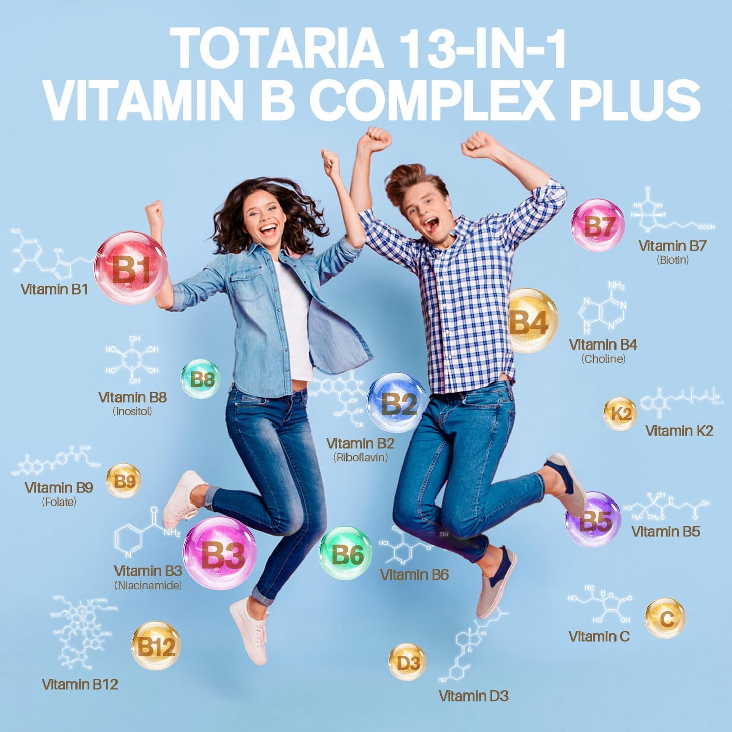 13-in-1 Vitamin B Complex Plus with Vitamin B1, B2, B3 (Niacinamide), B4, B5, B6, B7 (Biotin), B8 (Inositol), B9 (Folate), B12, C, D3, K2 - Energy, Nerve, - Maple Wellness Supplements