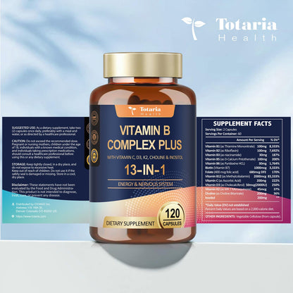 13-in-1 Vitamin B Complex Plus with Vitamin B1, B2, B3 (Niacinamide), B4, B5, B6, B7 (Biotin), B8 (Inositol), B9 (Folate), B12, C, D3, K2 - Energy, Nerve, - Maple Wellness Supplements