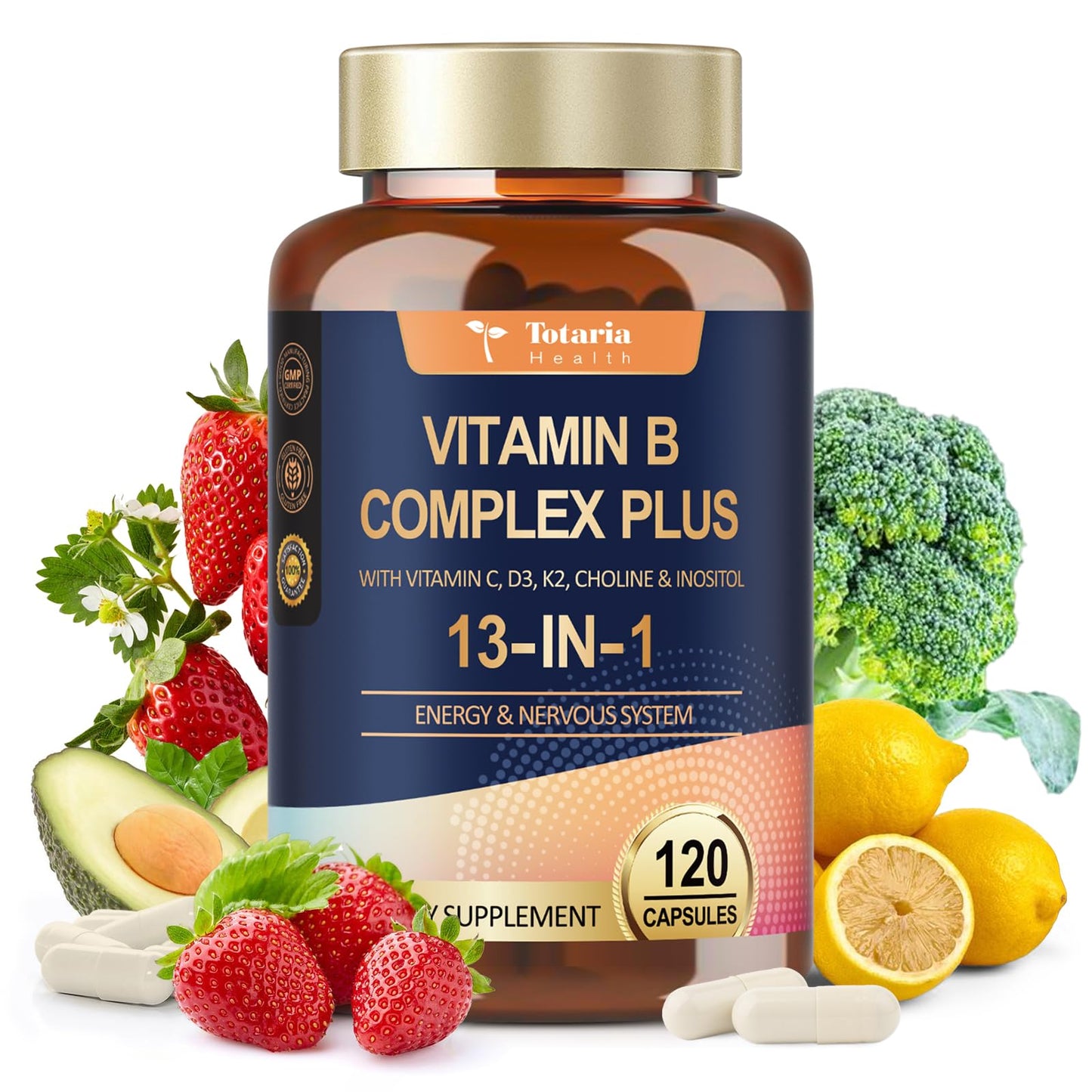 13-in-1 Vitamin B Complex Plus with Vitamin B1, B2, B3 (Niacinamide), B4, B5, B6, B7 (Biotin), B8 (Inositol), B9 (Folate), B12, C, D3, K2 - Energy, Nerve, - Maple Wellness Supplements