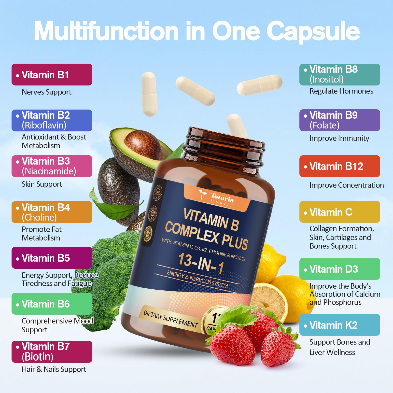 13-in-1 Vitamin B Complex Plus with Vitamin B1, B2, B3 (Niacinamide), B4, B5, B6, B7 (Biotin), B8 (Inositol), B9 (Folate), B12, C, D3, K2 - Energy, Nerve, - Maple Wellness Supplements