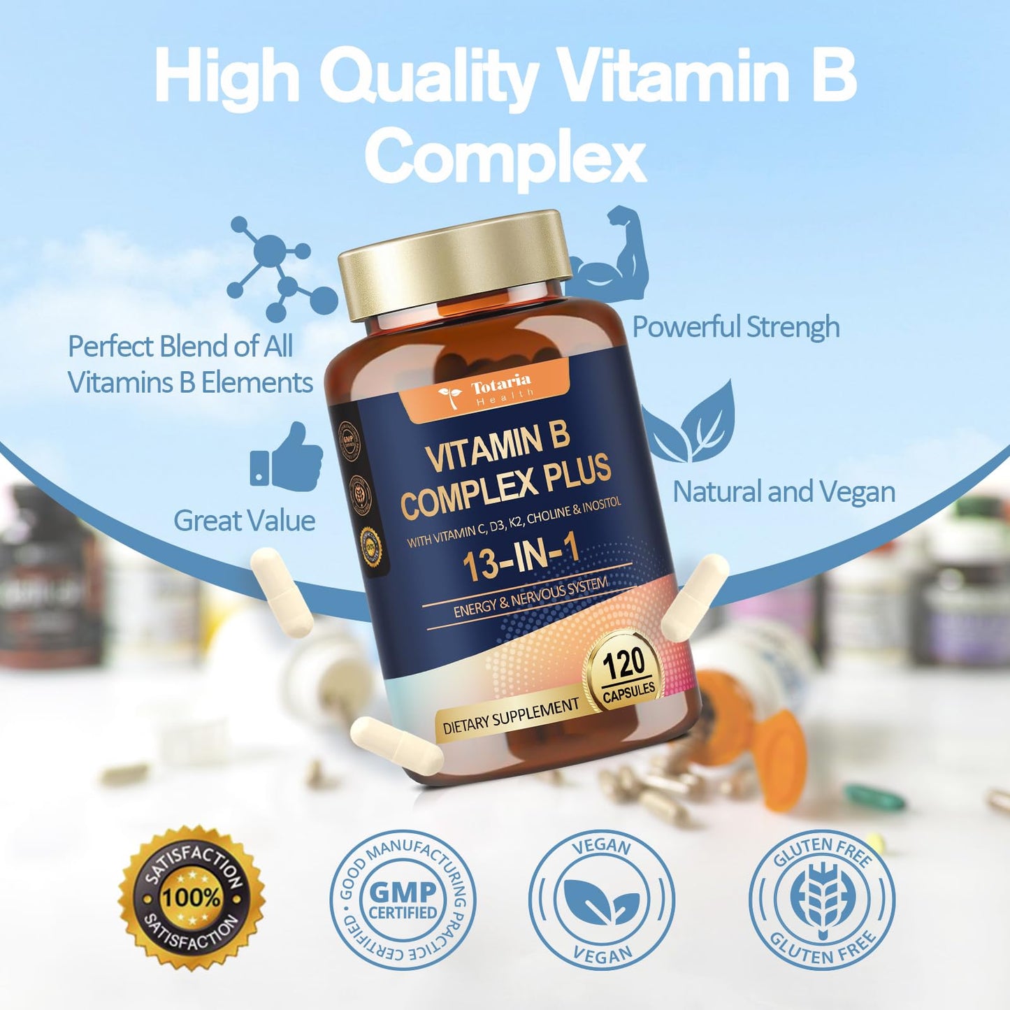13-in-1 Vitamin B Complex Plus with Vitamin B1, B2, B3 (Niacinamide), B4, B5, B6, B7 (Biotin), B8 (Inositol), B9 (Folate), B12, C, D3, K2 - Energy, Nerve, - Maple Wellness Supplements