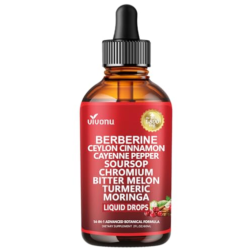 14-in-1 Berberine with Ceylon Cinnamon Supplement Liquid Drops, 1800mg + 30:1 Liposomal Tech with Cayenne Pepper, Soursop, Chromium, Bitter Melon, Turmeric, Moringa, Gymnema - Maple Wellness Supplements