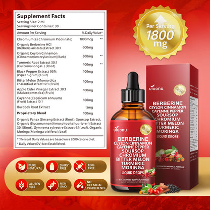 14-in-1 Berberine with Ceylon Cinnamon Supplement Liquid Drops, 1800mg + 30:1 Liposomal Tech with Cayenne Pepper, Soursop, Chromium, Bitter Melon, Turmeric, Moringa, Gymnema - Maple Wellness Supplements