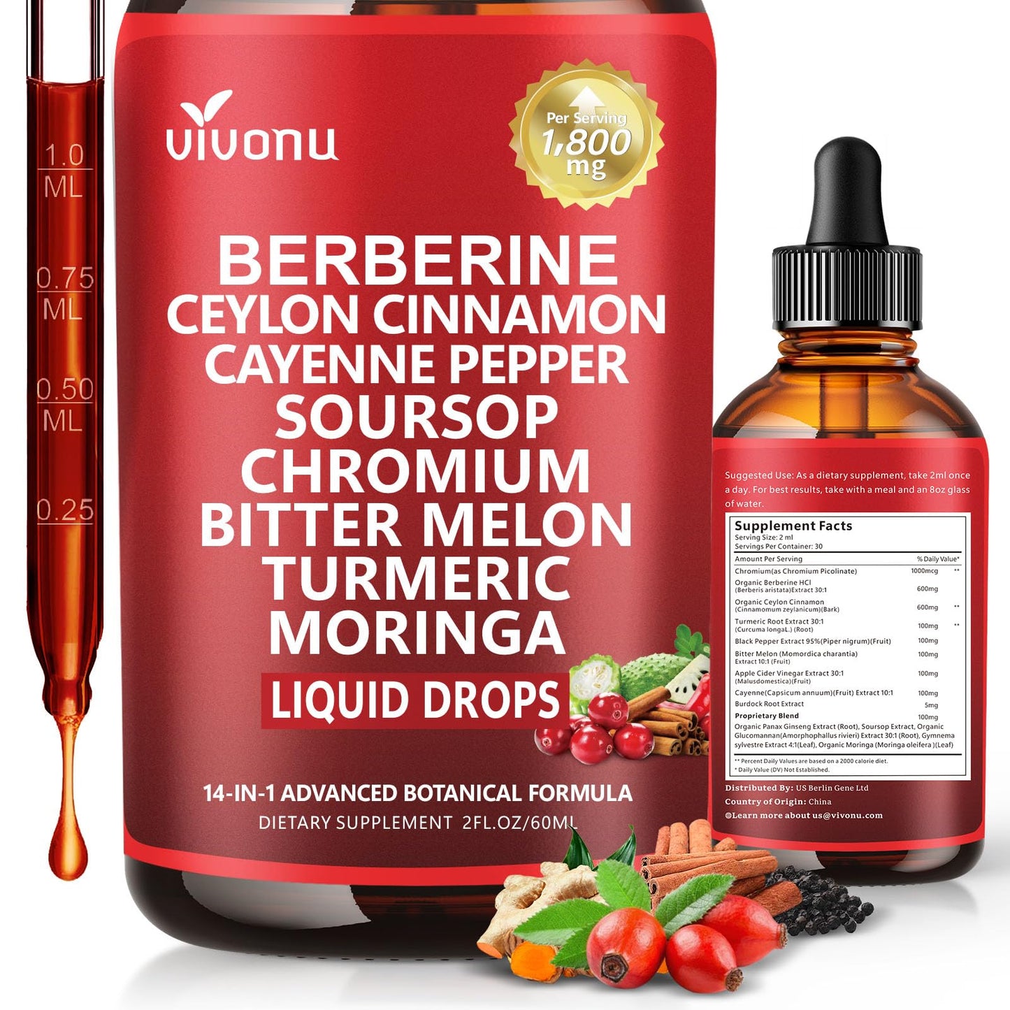 14-in-1 Berberine with Ceylon Cinnamon Supplement Liquid Drops, 1800mg + 30:1 Liposomal Tech with Cayenne Pepper, Soursop, Chromium, Bitter Melon, Turmeric, Moringa, Gymnema - Maple Wellness Supplements