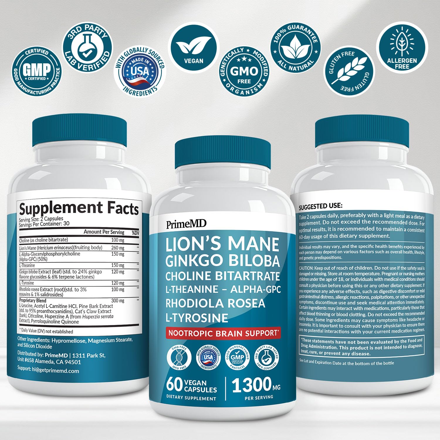 14-in-1 Lions Mane Supplement Capsules - Nootropic Brain Supplement with Ginkgo Biloba for Brain Support, Memory and Focus - Alpha GPC, L Theanine & Choline Supplements with 1300mg Per Serving (60 ct) - Maple Wellness Supplements