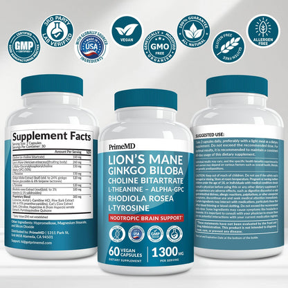 14-in-1 Lions Mane Supplement Capsules - Nootropic Brain Supplement with Ginkgo Biloba for Brain Support, Memory and Focus - Alpha GPC, L Theanine & Choline Supplements with 1300mg Per Serving (60 ct) - Maple Wellness Supplements