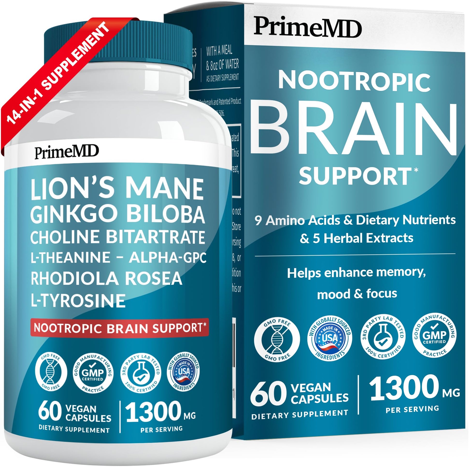 14-in-1 Lions Mane Supplement Capsules - Nootropic Brain Supplement with Ginkgo Biloba for Brain Support, Memory and Focus - Alpha GPC, L Theanine & Choline Supplements with 1300mg Per Serving (60 ct) - Maple Wellness Supplements