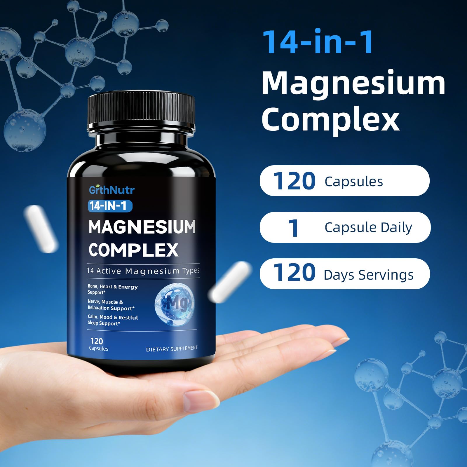 14-in-1 Magnesium Complex Supplement, 1200mg Elemental Magnesium Glycinate, Citrate, Malate, Taurate - Magnesium Complex for Women Nerves, Bone & Heart Health | Non-GMO - Maple Wellness Supplements