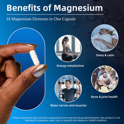 14-in-1 Magnesium Complex Supplement, 1200mg Elemental Magnesium Glycinate, Citrate, Malate, Taurate - Magnesium Complex for Women Nerves, Bone & Heart Health | Non-GMO - Maple Wellness Supplements