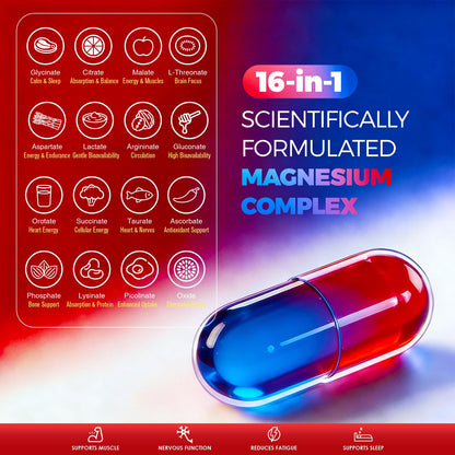16 in 1 Magnesium Complex, 1000mg Magnesium Complex Supplement for Women with Magnesium Glycinate, Citrate, Orotate, L-Threonate, Malate, Third-Party Tested, Easy-Swallow Vegan Capsules - Maple Wellness Supplements
