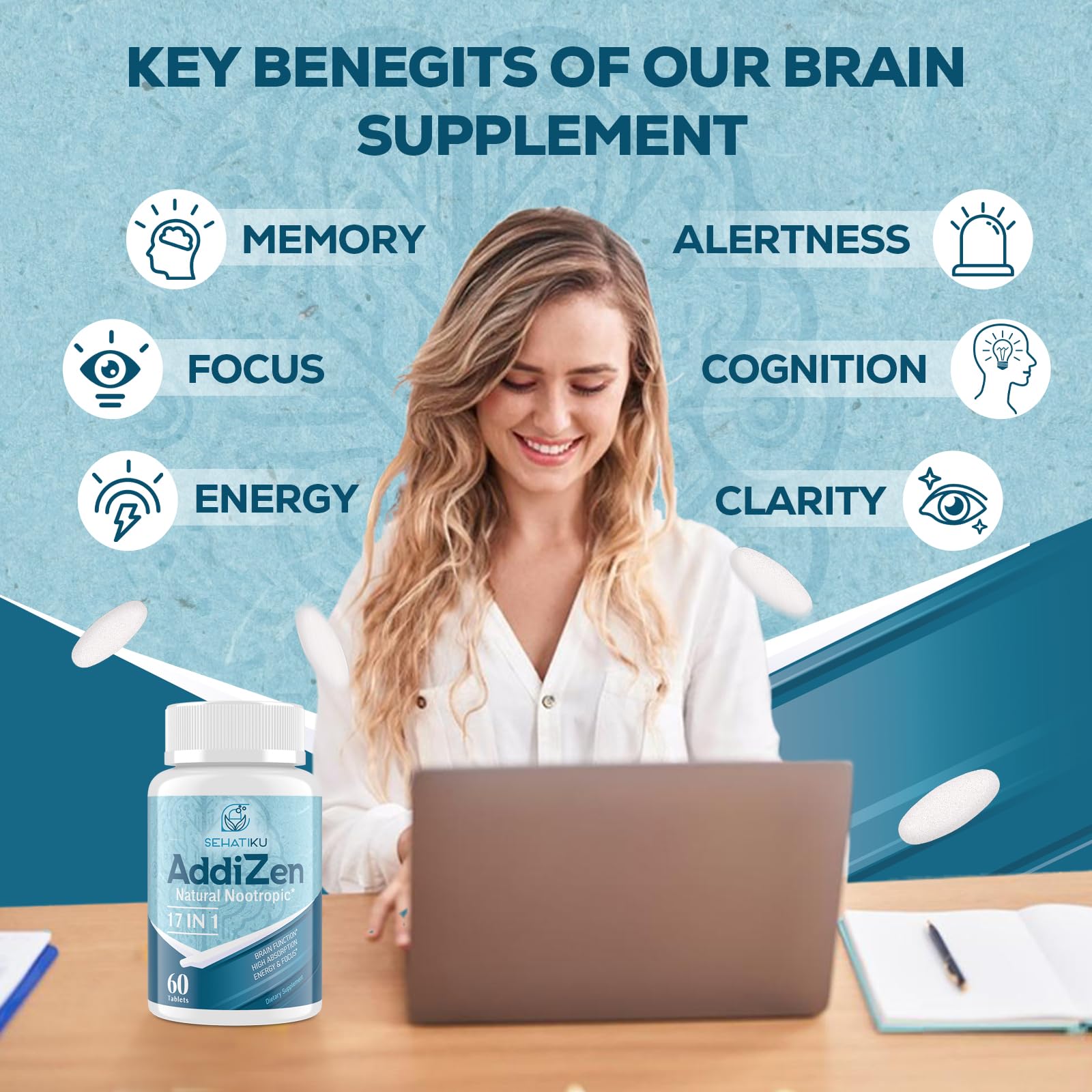 17-in-1 Brain Supplement for Memory and Focus | Natural Nootropics Brain Supplement for Brain Cognition, Energy | High Absorption | L-Theanine, Phytonutrient Blend and Vitamins B6, B12 | 60 Tablets - Maple Wellness Supplements