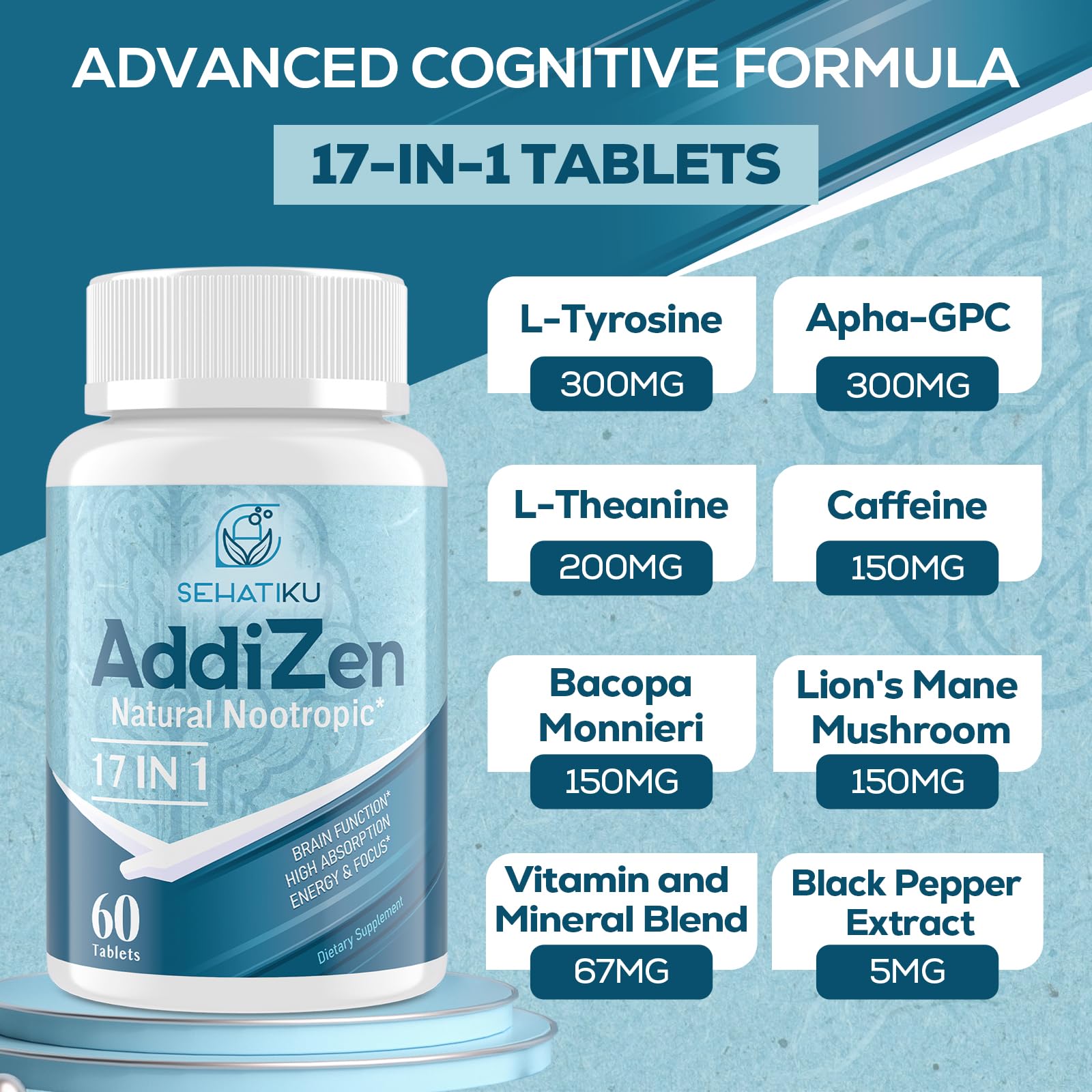 17-in-1 Brain Supplement for Memory and Focus | Natural Nootropics Brain Supplement for Brain Cognition, Energy | High Absorption | L-Theanine, Phytonutrient Blend and Vitamins B6, B12 | 60 Tablets - Maple Wellness Supplements